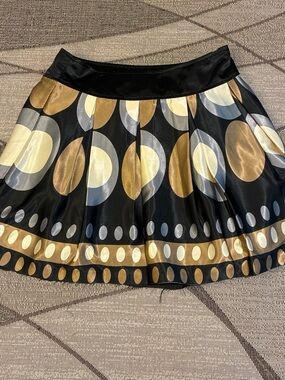 Romy Black Satin Circle-Print Skater Skirt with Gold & Silver Accents